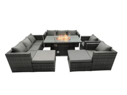Rackhams 10 Seater Rattan Garden Furniture Set with Fire Pit Dining Table, 2 Sofas, 2 Chairs, 2 Footstools - Dark Grey - thumbnail 2