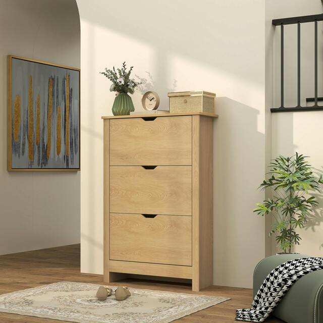 Rackhams 18-Shoe Storage Cabinet 6 Shelves 3 Drawers Tabletop High Gloss White - Natural Wood Finish - image 1