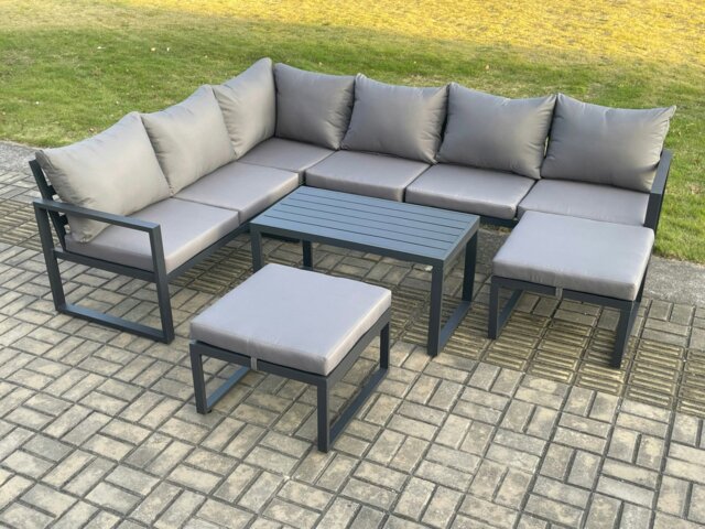 Rackhams Aluminum 8 Seater Outdoor Lounge Corner Sofa Set Garden Furniture Sets with Oblong Coffee Table 2 Big Footstool Dark Grey