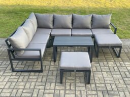 Rackhams Aluminum 8 Seater Outdoor Lounge Corner Sofa Set Garden Furniture Sets with Oblong Coffee Table 2 Big Footstool Dark Grey - thumbnail 2