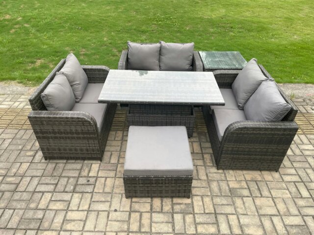 Rackhams Rattan Garden Outdoor Furniture 3 PC Love Sofa Set Patio Adjustable Rising lifting Dining Table With Side Table Big Footstool - image 1