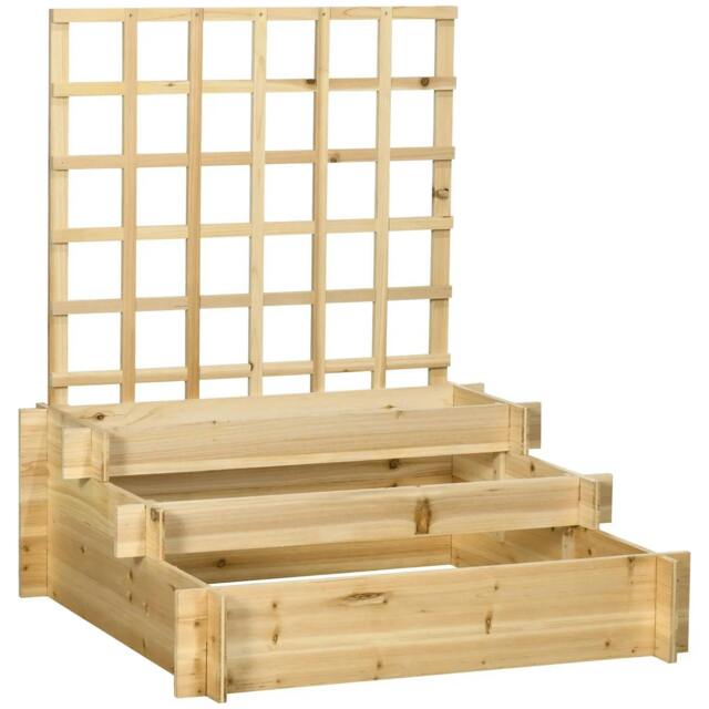 Rackhams 3 Tier Garden Planters with Trellis for Vine Climbing, Wooden Raised Beds, 95x95x110cm, Natural Tone - image 1