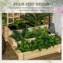 Rackhams 3 Tier Garden Planters with Trellis for Vine Climbing, Wooden Raised Beds, 95x95x110cm, Natural Tone - thumbnail 5