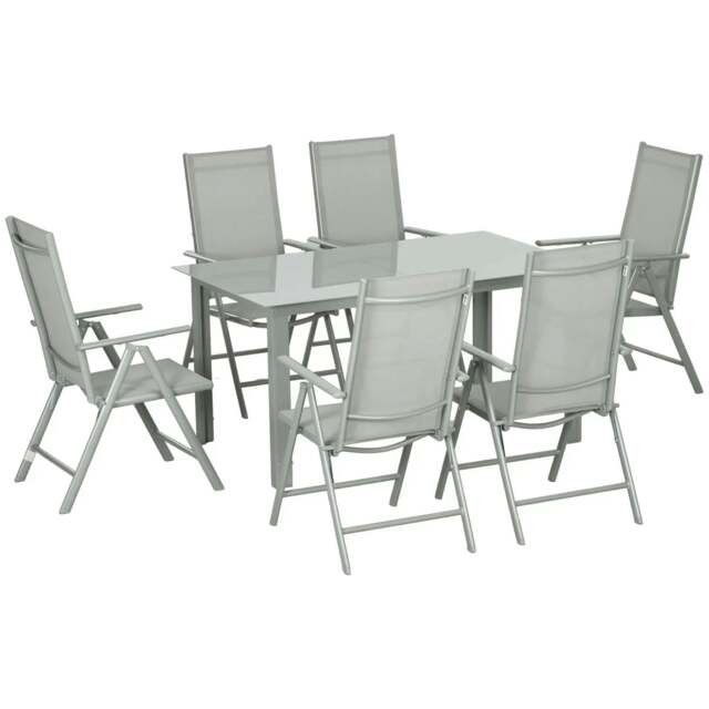 Rackhams 7 Piece Garden Dining Set, Outdoor Table and 6 Folding and Reclining Chairs, Aluminium Frame, Tempered Glass Top Table, Texteline Seats, Grey - image 1