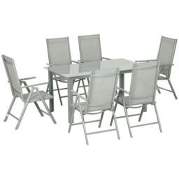 Rackhams 7 Piece Garden Dining Set, Outdoor Table and 6 Folding and Reclining Chairs, Aluminium Frame, Tempered Glass Top Table, Texteline Seats, Grey - thumbnail 1