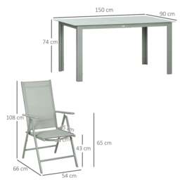 Rackhams 7 Piece Garden Dining Set, Outdoor Table and 6 Folding and Reclining Chairs, Aluminium Frame, Tempered Glass Top Table, Texteline Seats, Grey - thumbnail 3
