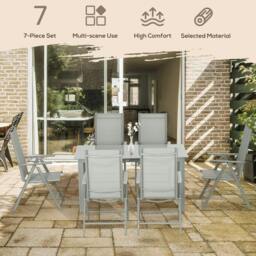Rackhams 7 Piece Garden Dining Set, Outdoor Table and 6 Folding and Reclining Chairs, Aluminium Frame, Tempered Glass Top Table, Texteline Seats, Grey - thumbnail 4