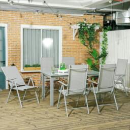 Rackhams 7 Piece Garden Dining Set, Outdoor Table and 6 Folding and Reclining Chairs, Aluminium Frame, Tempered Glass Top Table, Texteline Seats, Grey - thumbnail 2