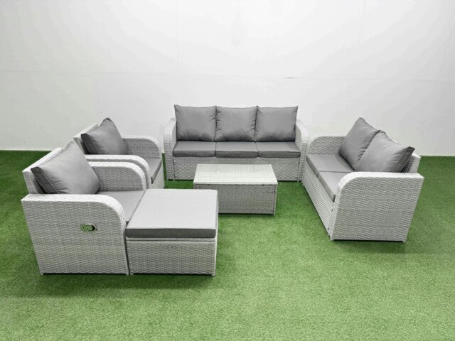 Rackhams PE Rattan Garden Furniture Set Adjustable Chair Sofa Double Love Seat 2 Seater Sofa Lounge Set Oblong Coffee Table Big Footstool Light Grey - image 1