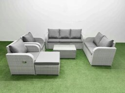 Rackhams PE Rattan Garden Furniture Set Adjustable Chair Sofa Double Love Seat 2 Seater Sofa Lounge Set Oblong Coffee Table Big Footstool Light Grey - thumbnail 1