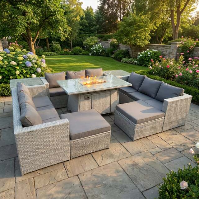 Rackhams 11 Seater Rattan Outdoor Garden Furniture Set with Gas Fire Pit Dining Table, 3 Sofas, 2 Side Tables, 2 Large Footstools - Light Grey - image 1