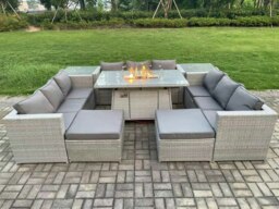 Rackhams 11 Seater Rattan Outdoor Garden Furniture Set with Gas Fire Pit Dining Table, 3 Sofas, 2 Side Tables, 2 Large Footstools - Light Grey - thumbnail 4