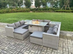 Rackhams 11 Seater Rattan Outdoor Garden Furniture Set with Gas Fire Pit Dining Table, 3 Sofas, 2 Side Tables, 2 Large Footstools - Light Grey - thumbnail 3