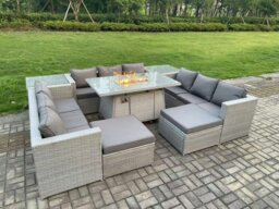 Rackhams 11 Seater Rattan Outdoor Garden Furniture Set with Gas Fire Pit Dining Table, 3 Sofas, 2 Side Tables, 2 Large Footstools - Light Grey - thumbnail 2