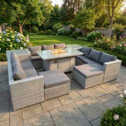 Rackhams 11 Seater Rattan Outdoor Garden Furniture Set with Gas Fire Pit Dining Table, 3 Sofas, 2 Side Tables, 2 Large Footstools - Light Grey - thumbnail 1