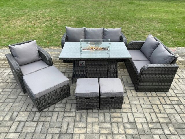Rackhams Rattan Garden Furniture Set with Fire Pit Table 9 Seater Outdoor Lounge Sofa Set Dark Grey Mixed - image 1