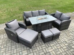 Rackhams Rattan Garden Furniture Set with Fire Pit Table 9 Seater Outdoor Lounge Sofa Set Dark Grey Mixed - thumbnail 2