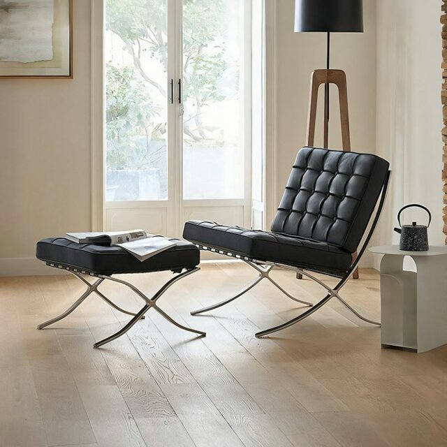 Rackhams Barcelona Chair And Ottoman, Real Leather - Black - Real Leather - image 1