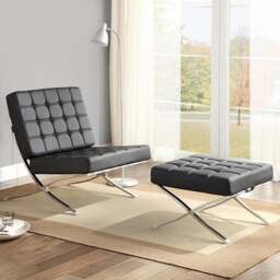 Rackhams Barcelona Chair And Ottoman, Real Leather - Black - Real Leather - thumbnail 2