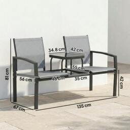 Rackhams Garden Love Seat with 2-Tier Table, 2 Seater Jack & Jill Loveseat - Metal, Texteline, Tempered Glass - Garden Loveseat - Grey - thumbnail 3