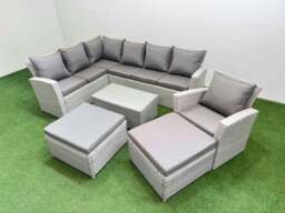 Rackhams 9 Seater Garden Outdoor PE Rattan Furniture Set Rattan Garden Sofa Set with 2 Big Footstools Light Grey Mixed - thumbnail 1