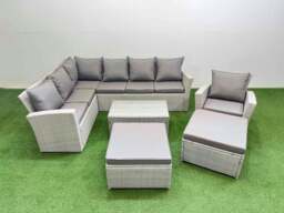 Rackhams 9 Seater Garden Outdoor PE Rattan Furniture Set Rattan Garden Sofa Set with 2 Big Footstools Light Grey Mixed - thumbnail 2