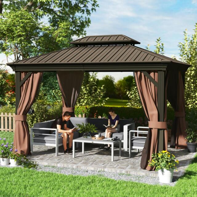 Rackhams 3 x 3.7m Aluminium Hardtop Gazebo Canopy 2 Tier Roof Dark Brown - Dark brown - Aluminium, Steel, Texteline, Polyester - 3.65m x 3m x 2.91m