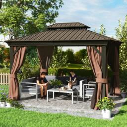 Rackhams 3 x 3.7m Aluminium Hardtop Gazebo Canopy 2 Tier Roof Dark Brown - Dark brown - Aluminium, Steel, Texteline, Polyester - 3.65m x 3m x 2.91m - thumbnail 1