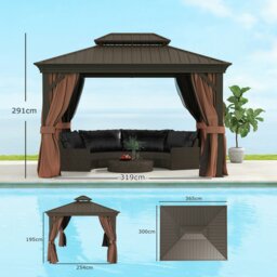 Rackhams 3 x 3.7m Aluminium Hardtop Gazebo Canopy 2 Tier Roof Dark Brown - Dark brown - Aluminium, Steel, Texteline, Polyester - 3.65m x 3m x 2.91m - thumbnail 6
