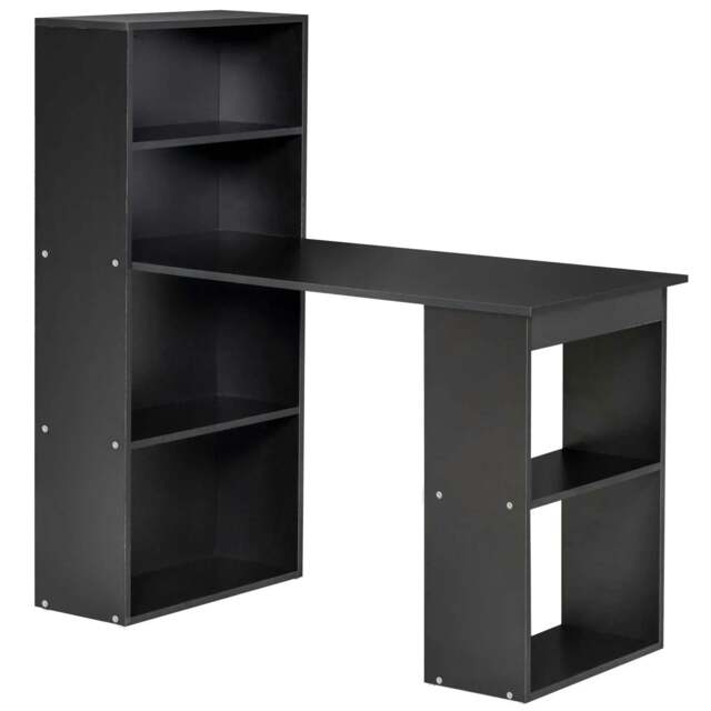 Rackhams 120cm Computer Desk, Wooden PC Laptop Table with 6-Tier Storage Bookshelves, Home Office Working Study Desk, Writing Workstation, Black - Black - image 1
