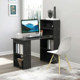 Rackhams 120cm Computer Desk, Wooden PC Laptop Table with 6-Tier Storage Bookshelves, Home Office Working Study Desk, Writing Workstation, Black - Black - thumbnail 2