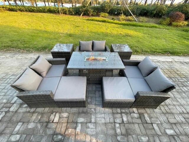 Rackhams High Back Rattan Garden Furniture Sofa Sets with Outdoor Furniture Gas Fire Pit Dining Table Set 2 Big Footstool 2 Side Tables Dark Grey Mixed - image 1