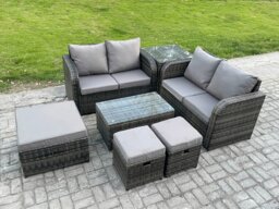 Rackhams 7 Seater Garden Furniture Set Rattan Outdoor Lounge Sofa Chair With Tempered Glass Table 3 Footstools Side Table Dark Grey Mixed - thumbnail 2