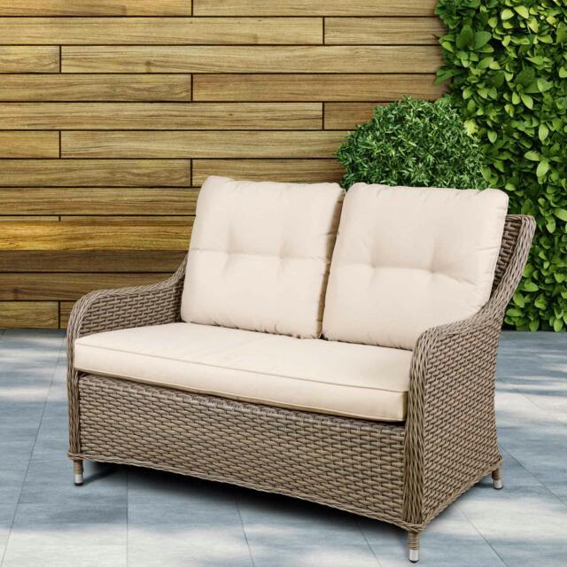 Rackhams Chester Rattan Wicker Outdoor Lounge 2-Seater Sofa with Cushion, Brown - DG70 - image 1