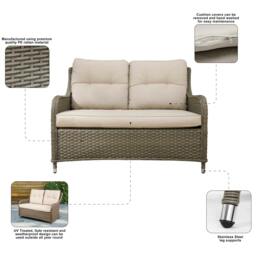 Rackhams Chester Rattan Wicker Outdoor Lounge 2-Seater Sofa with Cushion, Brown - DG70 - thumbnail 3