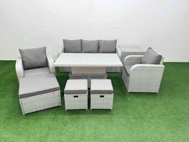 Rackhams PE Rattan Garden Furniture Set Reclining Chair Sofa Lounge Sofa Set Adjustable Lifting Dining or Coffee Table Side Table 3 Stools Light Grey - image 1