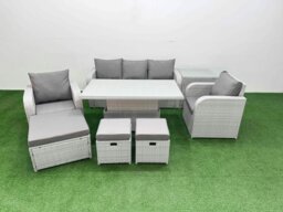 Rackhams PE Rattan Garden Furniture Set Reclining Chair Sofa Lounge Sofa Set Adjustable Lifting Dining or Coffee Table Side Table 3 Stools Light Grey - thumbnail 1