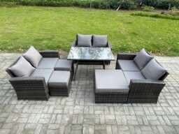 Rackhams Outdoor Lounge Sofa Set Wicker PE Rattan Garden Furniture Set with Rectangular Dining Table 2 Seat Sofa 3 Footstools Dark Grey Mixed - thumbnail 1