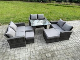 Rackhams Outdoor Lounge Sofa Set Wicker PE Rattan Garden Furniture Set with Rectangular Dining Table 2 Seat Sofa 3 Footstools Dark Grey Mixed - thumbnail 2