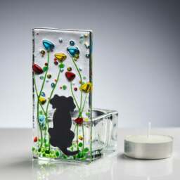 Rackhams Fused Glass Tea Light Holder – Dog & Wildflower Design (Handmade)
