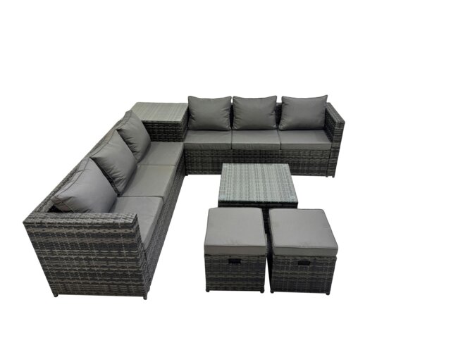 Rackhams 8 Seater Garden Outdoor Rattan Furniture Set Patio Corner Sofa Coffee Table with 2 Small Stools Dark Grey - image 1
