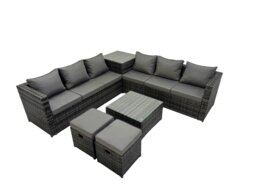 Rackhams 8 Seater Garden Outdoor Rattan Furniture Set Patio Corner Sofa Coffee Table with 2 Small Stools Dark Grey - thumbnail 2