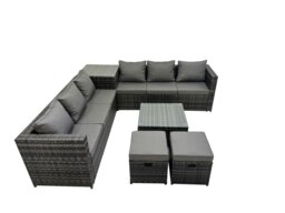 Rackhams 8 Seater Garden Outdoor Rattan Furniture Set Patio Corner Sofa Coffee Table with 2 Small Stools Dark Grey - thumbnail 1