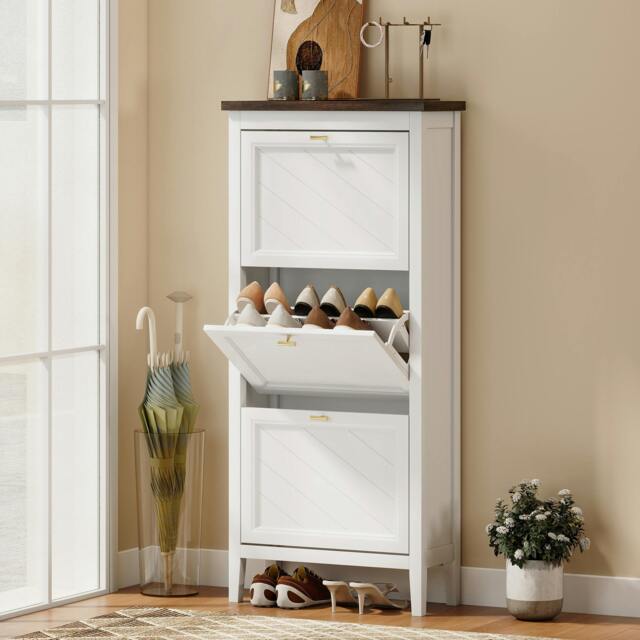 Rackhams Shoe Cabinet with Flip Drawers, Narrow Shoe Storage Cabinet, White - 60W x 26.5D x 133.7H cm - image 1