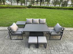 Rackhams 7 Piece Aluminium Garden Furniture Set 7 Seater Outdoor Sofa w/ Adjustable Rising Lifting Dining Table 2 Chairs 2 Small Footstools Side Table - thumbnail 1