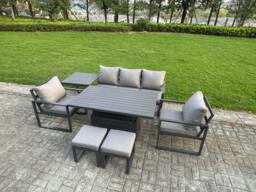 Rackhams 7 Piece Aluminium Garden Furniture Set 7 Seater Outdoor Sofa w/ Adjustable Rising Lifting Dining Table 2 Chairs 2 Small Footstools Side Table - thumbnail 2