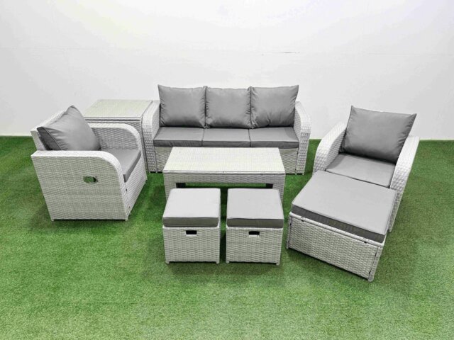 Rackhams PE Rattan Garden Furniture Set Reclining Chair Sofa Lounge Sofa Set Rectangular Coffee Table Side Table 3 Stools Light Grey - image 1