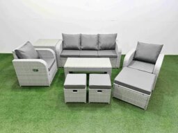 Rackhams PE Rattan Garden Furniture Set Reclining Chair Sofa Lounge Sofa Set Rectangular Coffee Table Side Table 3 Stools Light Grey - thumbnail 1