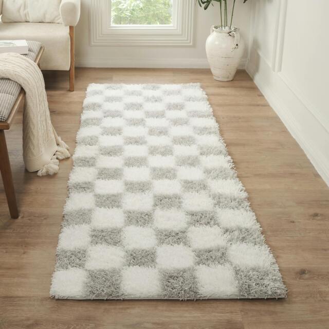 Rackhams Urban Shag-Modern Ivory Grey Checkered Soft Plush Pile Rug - 80 x 220 cm - image 1