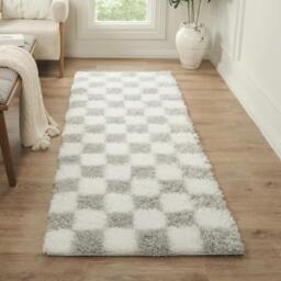 Rackhams Urban Shag-Modern Ivory Grey Checkered Soft Plush Pile Rug - 80 x 220 cm - thumbnail 1